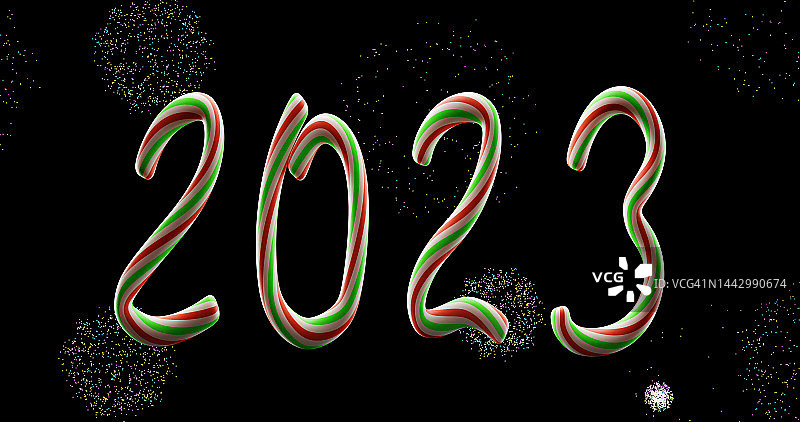 2023年新年。在烟花爆炸的背景下，用圣诞糖果做成的人物。3 d图片素材
