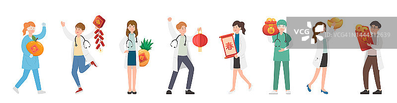 护士或医生或科学家或医学专家的团队与中国新年的元素，金币和灯笼和对联，中文翻译:钱和春天图片素材
