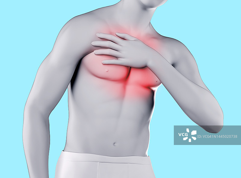 男性胸部疼痛的3d渲染插图。图片素材