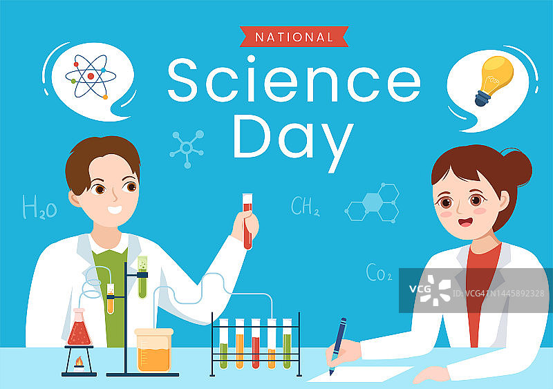 2月28日国家科学日，有关化学液体，科学，医学和研究的平面卡通手绘模板插图图片素材