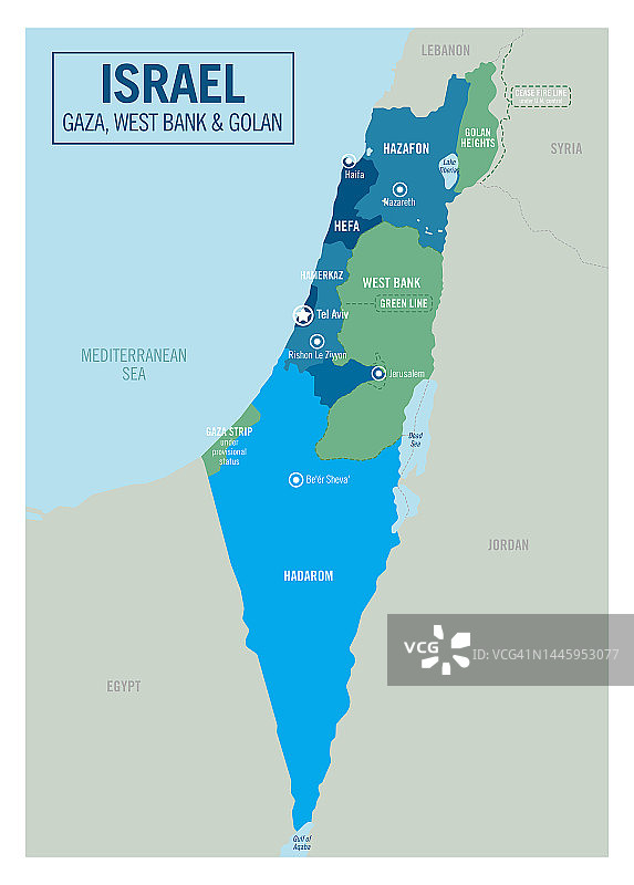 以色列国家政治版图，包括戈兰高地、约旦河西岸和加沙地带。详细的矢量插图与孤立的省，部门，地区，城市，和州容易取消分组。图片素材