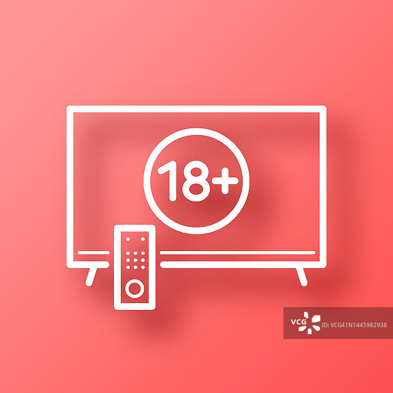 电视有18加号(18+)。图标在红色背景与阴影图片素材