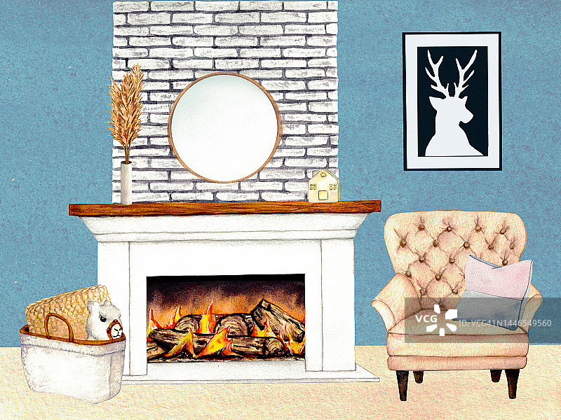 客厅内部的水彩插画与壁炉，沙发，枕头，装饰。剪纸艺术。白色背景上的家居装饰元素。图片素材