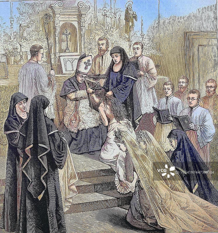 本笃会修女的穿衣和理发，1880年，德国，历史性的，19世纪原作的数字修复复制品图片素材