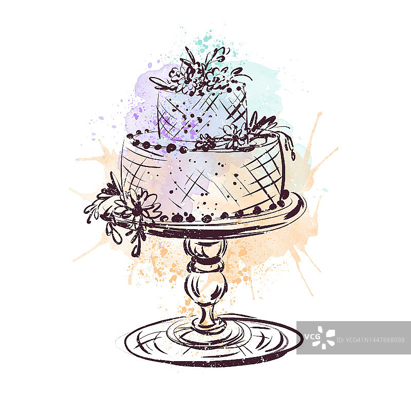 紫罗兰色，白色背景的橘色婚礼蛋糕，手绘素描。图片素材