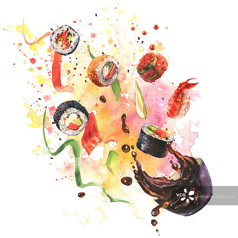 水彩构图与寿司，飞溅酱汁，寿司的食材在colorfool水彩背景。图片素材