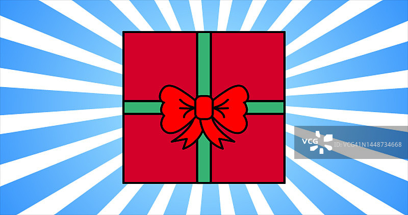 节日的红色礼盒与丝带和蝴蝶结的节日圣诞新年或生日在卡通风格的背景上的蓝色射线。抽象的背景图片素材