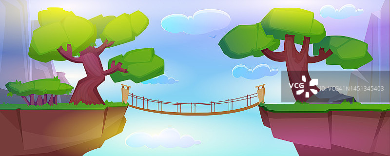 夏季景观与山脉和木桥以上的悬崖峭壁之间图片素材