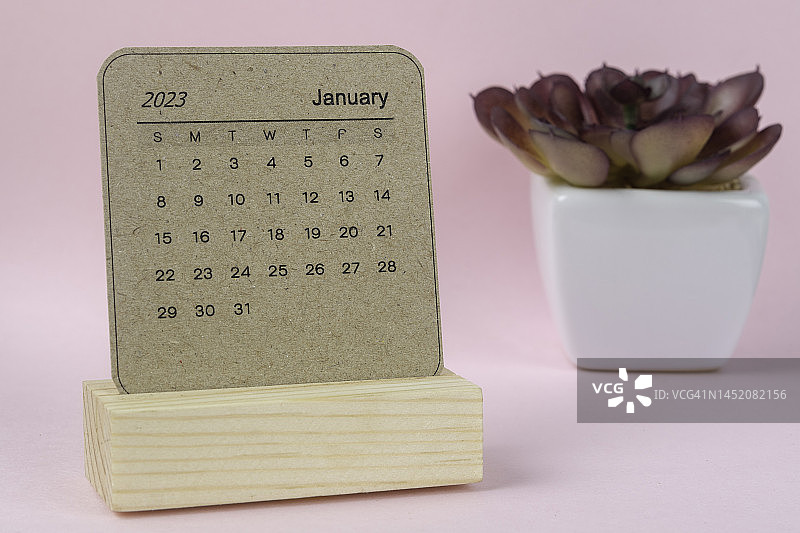 日历桌2023:一月是组织者计划和截止日期的月份，在粉红色的纸背景下放置室内植物。图片素材