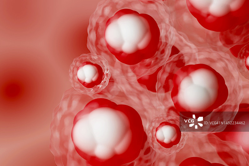 血细胞，红色背景上的癌细胞。中毒，感染的概念。医药和保健。3 d。图片素材