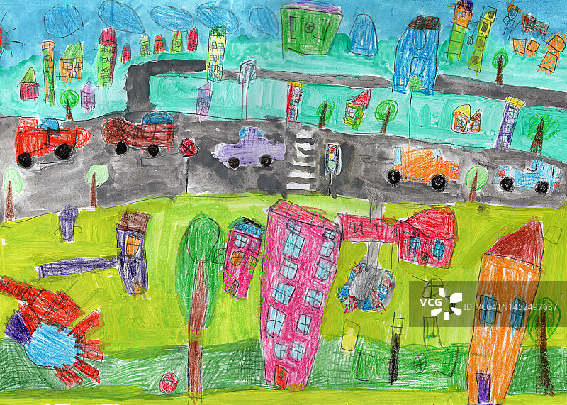 孩子画的快乐的家庭散步和汽车。图片素材