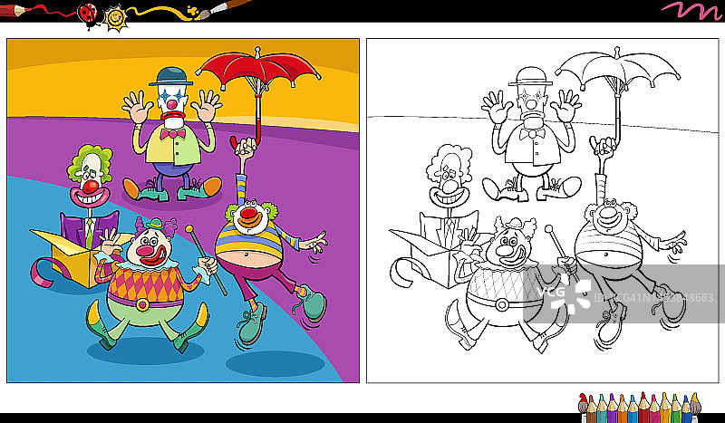 搞笑漫画小丑人物组填色页图片素材