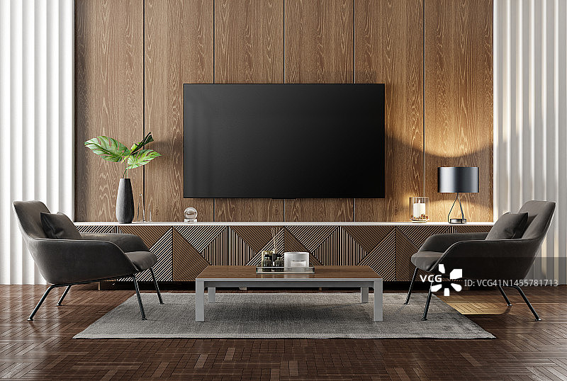 豪华的黑色和天然木材客厅内部75英寸电视图片素材