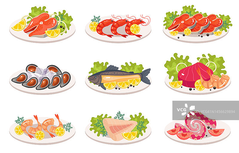 鱼类海鲜三文鱼、虾、牡蛎、金枪鱼、罗非鱼、章鱼、鱿鱼、触须菜餐隔离套。烹饪食材餐厅菜单概念。矢量卡通平面设计元素说明图片素材