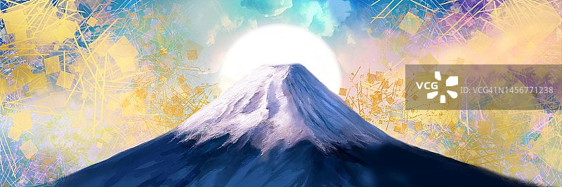 日本画风背景宽尺寸插图与平安画风的金叶云和美丽的富士山与舞动的金叶，金粉和沙点。图片素材