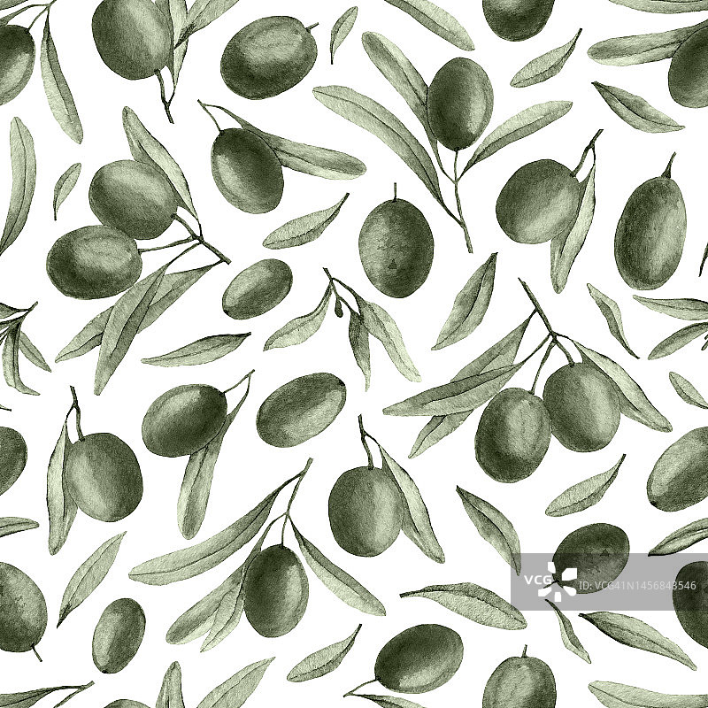橄榄枝无缝模式水彩风格上孤立的背景。手绘背景与水果和绿叶为石油生产或纺织设计。搭配地中海美食图片素材