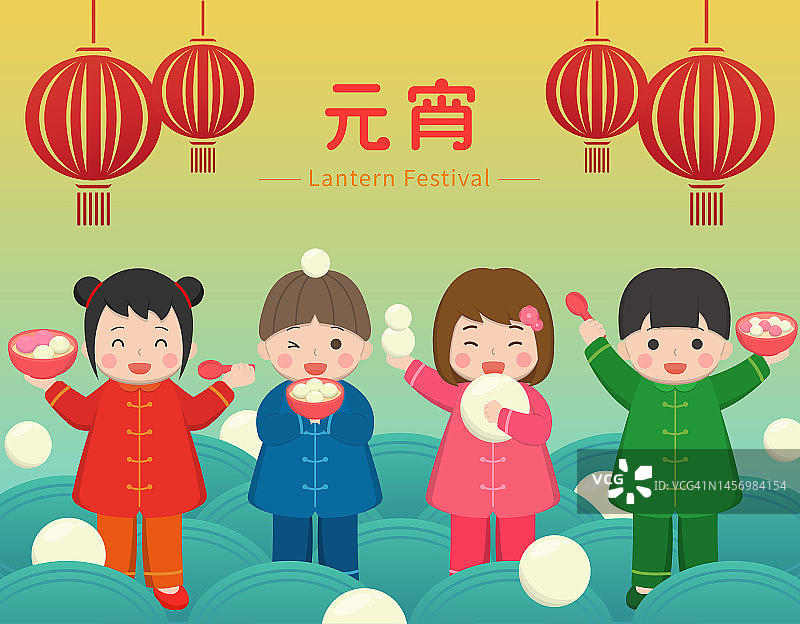 在中国的节日里，元宵节或春节，亚洲的甜点是用糯米做成的汤圆，孩子们俏皮可爱图片素材