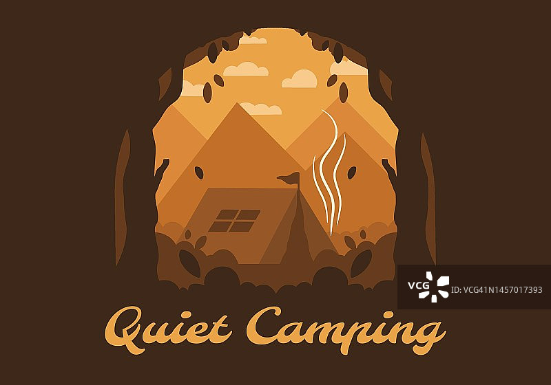 彩色平面插图的户外露营在森林与山景图片素材
