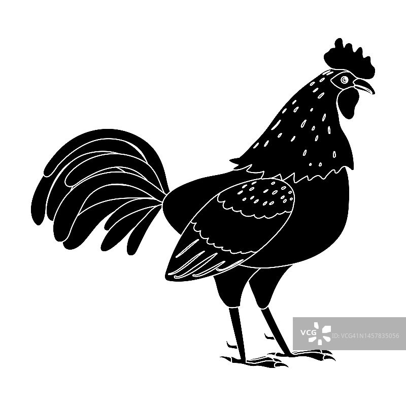 公鸡剪影图标。小公鸡是儿童书籍、时装设计和印有字母的明信片的象征或吉祥物。图片素材