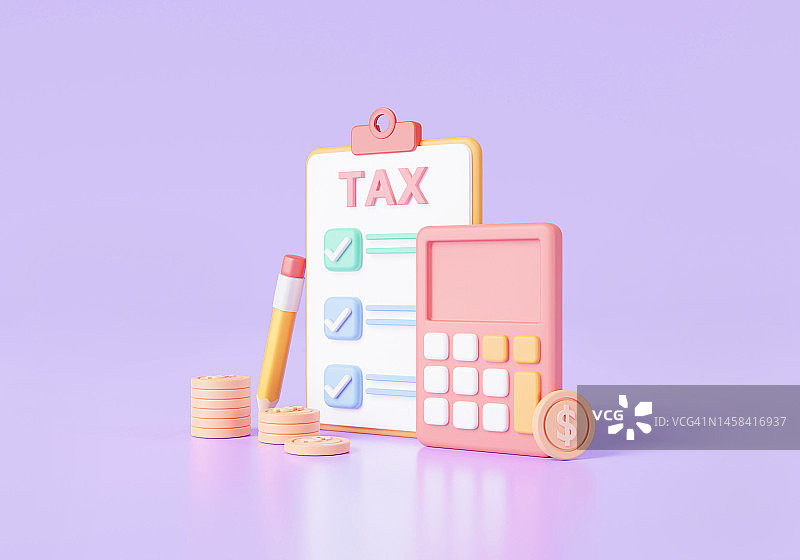 纳税观念。在粉红色背景上的计算器和核对表纳税的3d渲染插图。财务管理，计算器，现金，硬币，税单，营业税，会计，预算规划图片素材