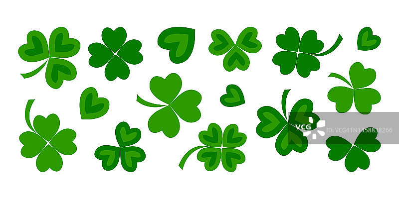 绿色三叶草矢量图标，三叶草叶为帕特里克节，爱尔兰植物，白色背景上孤立的幸运符号。凯尔特春天插图图片素材