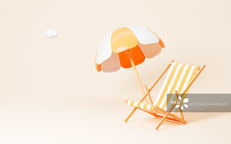 黄色背景中的沙滩伞和沙滩椅，3d渲染。图片素材