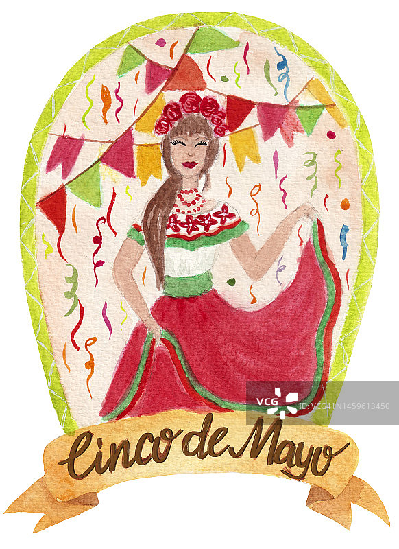 明亮的水彩插图，卡与墨西哥风格的女孩，花环和字母，为假日Cinco de Mayo(五月五日)。图片素材