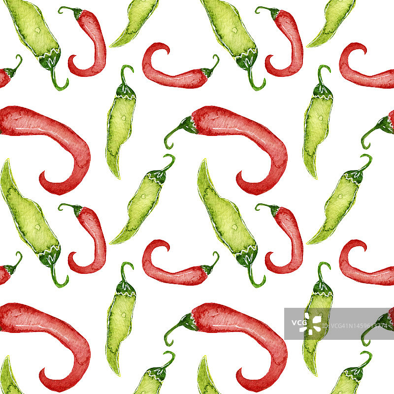 彩色无缝图案与水彩绿色和红色辣椒在白色背景。图片素材