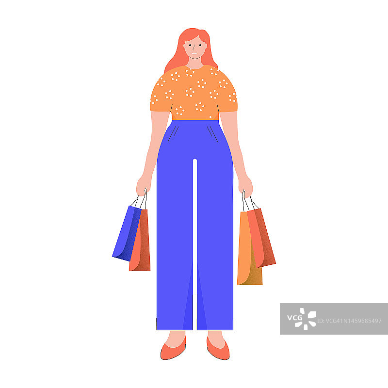 女人拿着购物袋，和孤立的女人角色在平面风格，矢量插图。图片素材