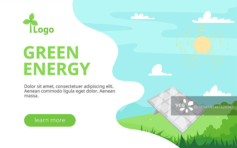 草地景观横幅。太阳能光伏板电站。可再生能源，可持续的光伏太阳能发电，在夏天的背景下，蓝天碧草。图片素材