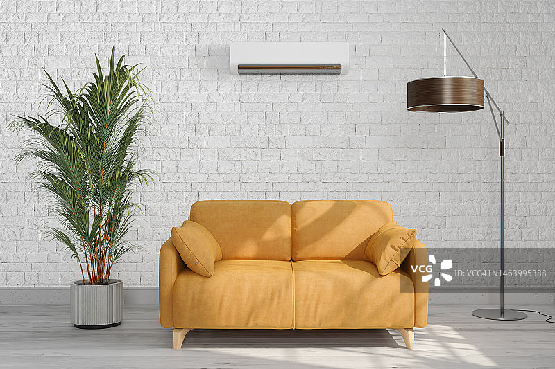 现代客厅内饰，空调，黄色沙发，落地灯和盆栽图片素材
