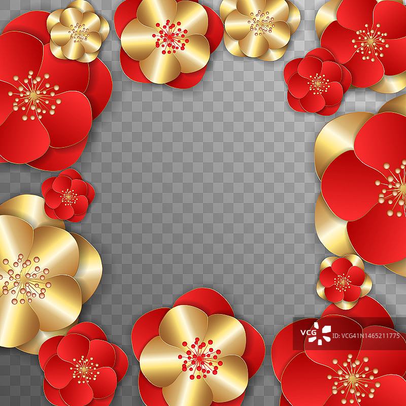 剪纸三维花朵边界在红色和金色。发短信的地方。图片素材