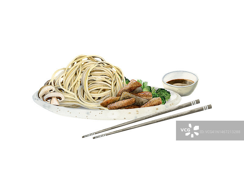 牛肉面，蔬菜面。筷子和蘸酱的小碗。亚洲食物水彩画图片素材