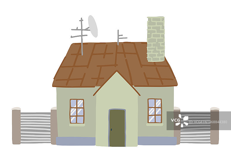 房屋剪贴艺术。带门，窗，栅栏的住宅立面。可爱的住宅建筑。现代平面矢量插图孤立在白色上。图片素材