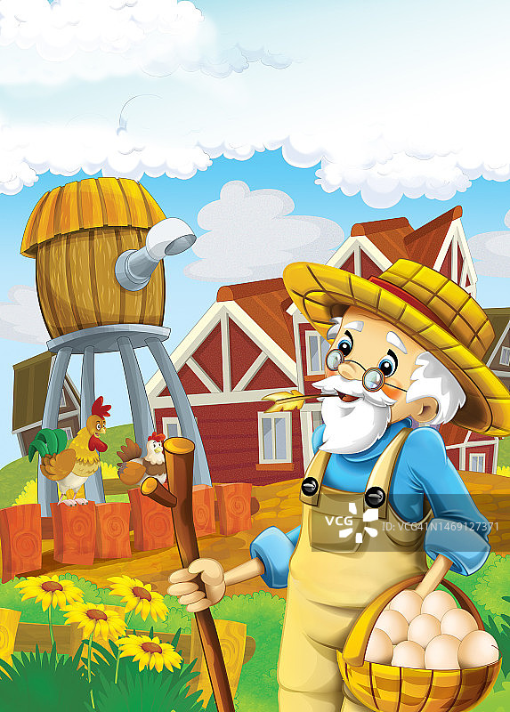 卡通快乐农场场景-农场男子快乐的白色背景-儿童插图图片素材