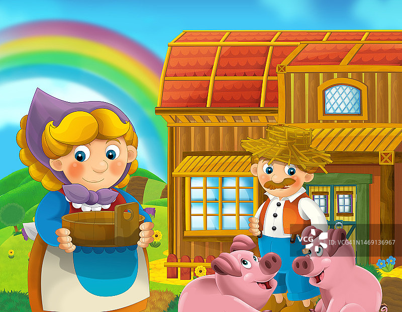 卡通快乐的农场场景-农场夫妇男人和女人快乐的白色背景-儿童插图图片素材