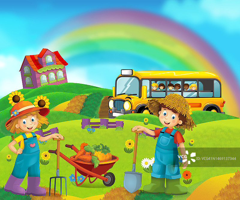 卡通快乐的农场场景-农场夫妇男人和女人快乐的白色背景-儿童插图图片素材