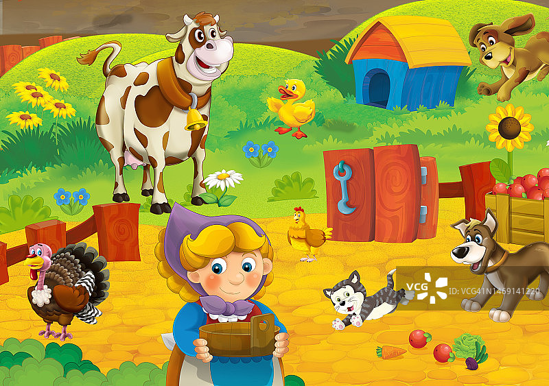 卡通场景，快乐的女人在农场工作，站在白色背景插图的孩子微笑图片素材