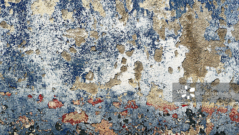 巴黎一堵混凝土墙上被风化剥落的白色、蓝色和红色颜料图片素材