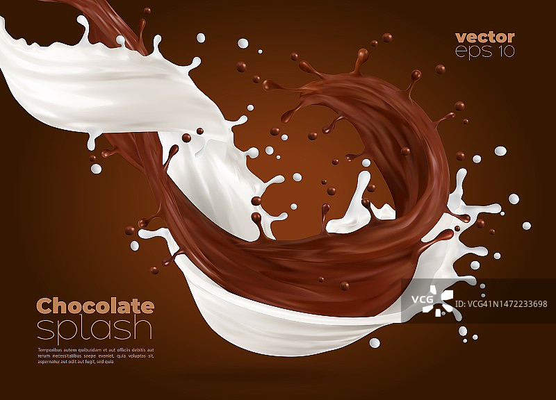 牛奶和巧克力漩涡波飞溅3d运动图片素材