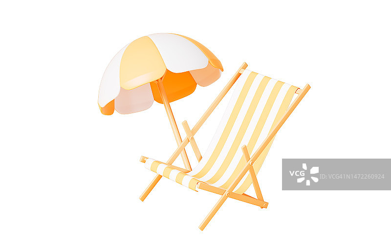 白色背景的沙滩伞和沙滩椅，3d渲染。图片素材