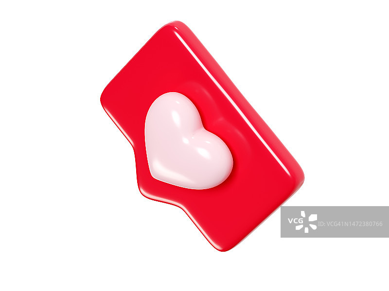 语音泡泡与心脏3d渲染图标-红色爱的信息或社交媒体的通知。图片素材