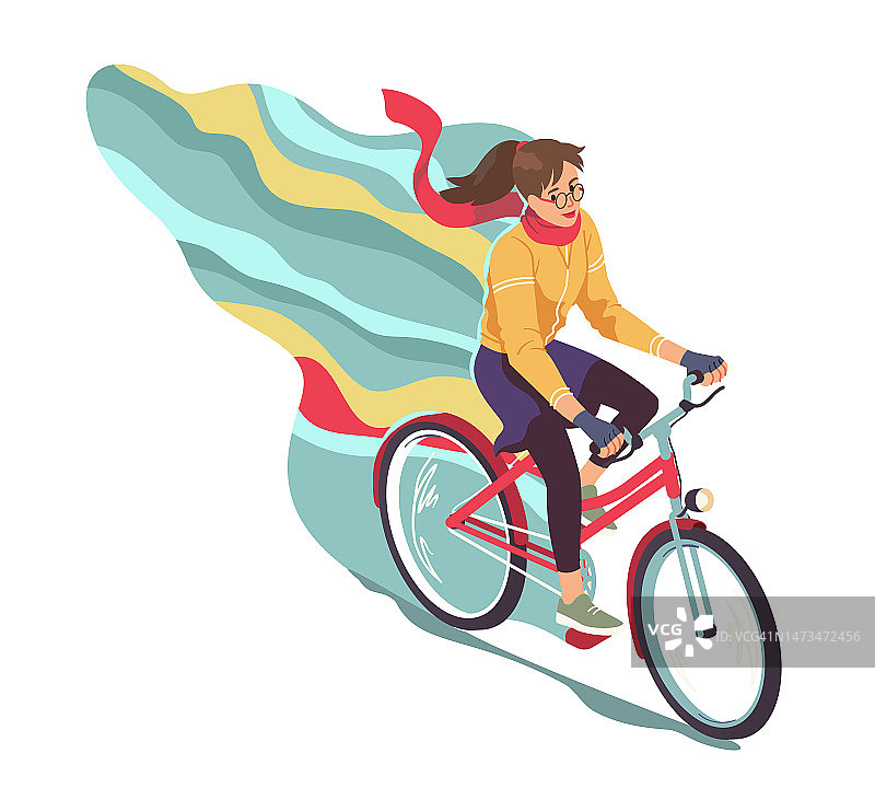 休闲女子骑自行车享受骑自行车。骑自行车的女孩人性格骑自行车户外。健康交通，城市交通，城市健身，夏季运动平面矢量插图图片素材