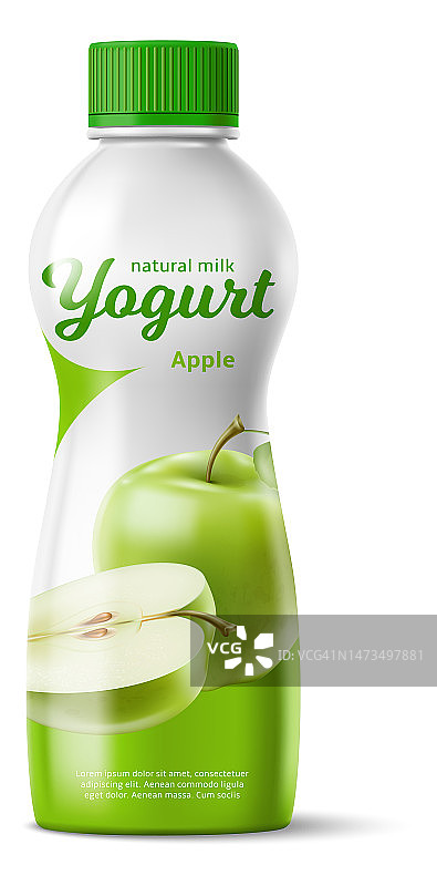 现实的喝酸奶瓶。奶产品。多汁的绿苹果。乳饮料标签设计。水果味道。密闭的食品容器。塑料包。健康的零食。矢量隔离对象图片素材