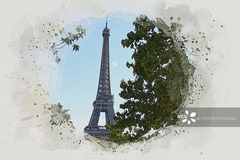 法国巴黎水彩画市景。图片素材