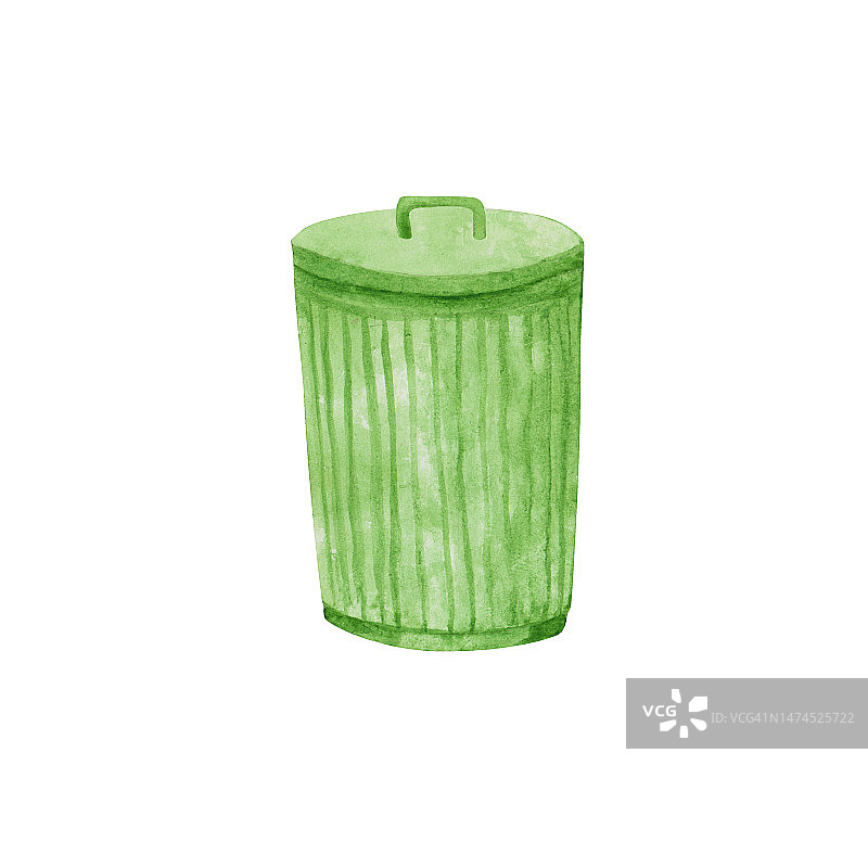 回收垃圾桶被隔离在白色背景上。绿色水彩垃圾篮插图。回收垃圾桶。生态塑料篮子对象。为您的设计手绘剪贴画。图片素材