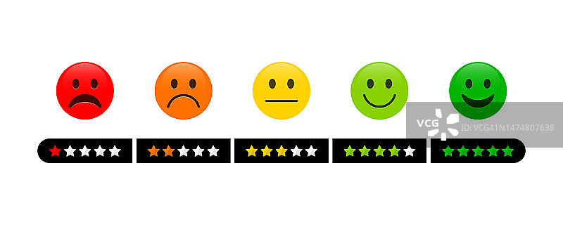 表情符号反馈尺度与星形线图标。客户服务及评价评审签字。愤怒，悲伤，中性和快乐的表情集。表情符号的反馈。矢量图图片素材