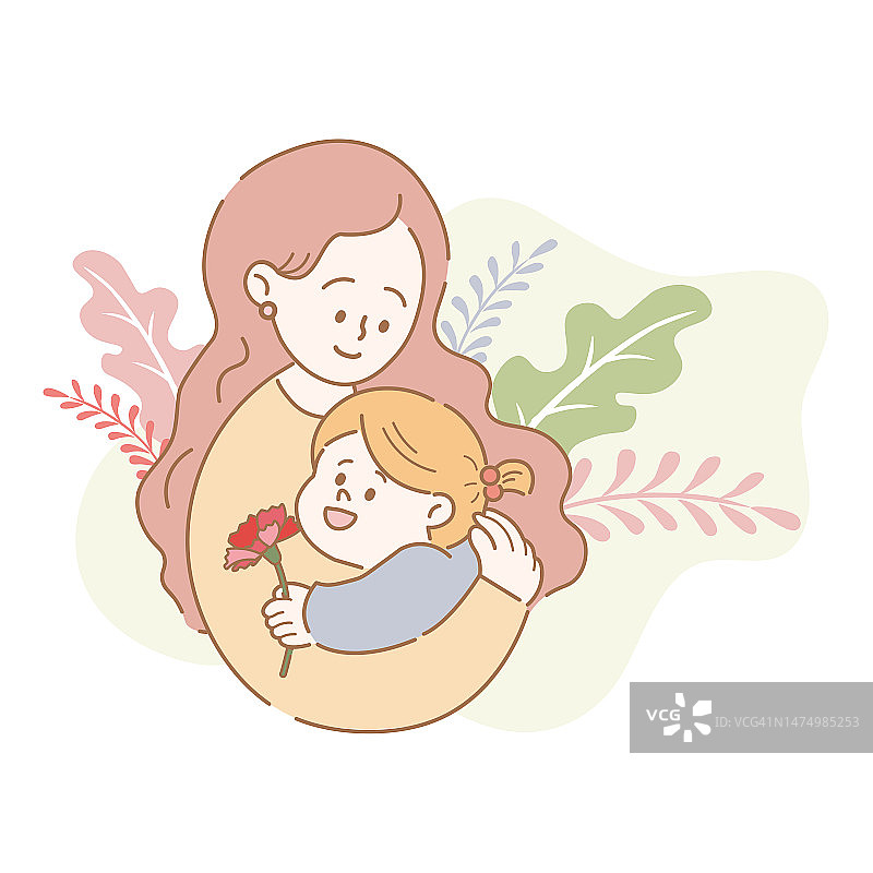 母亲节设计，妈妈和可爱的小女孩相互拥抱，矢量插画。图片素材