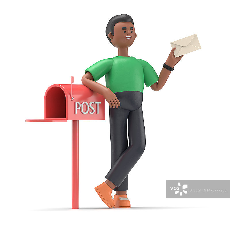3D插图的微笑英俊的爆炸男子大卫得到了一封重要的信。站在邮箱旁边，拿着一个信封。白色背景上的3D渲染。图片素材