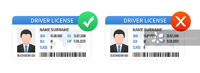 身份证。个人信息数据。带有个人照片的身份证明文件。用户或配置文件卡。驾照。平的风格。塑料卡片模板与一个勾和一个十字。矢量图图片素材